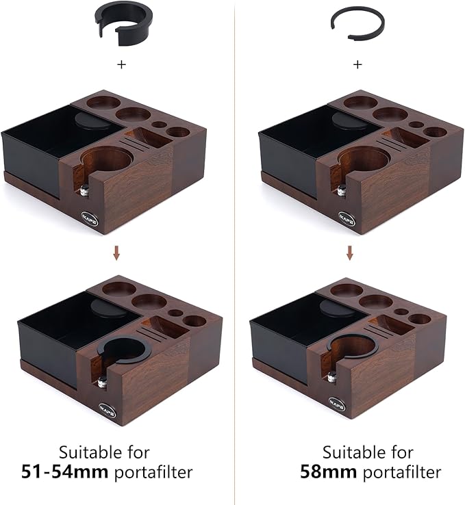 IKAPE V5 Espresso Knock Box, Espresso Coffee Organizer Box Fit for Storage 51, 54, 58MM Espresso Tamper, Distributor, Portafilter & Puck Screen Accessories, Natural Walnut Station Base(9 IN One)