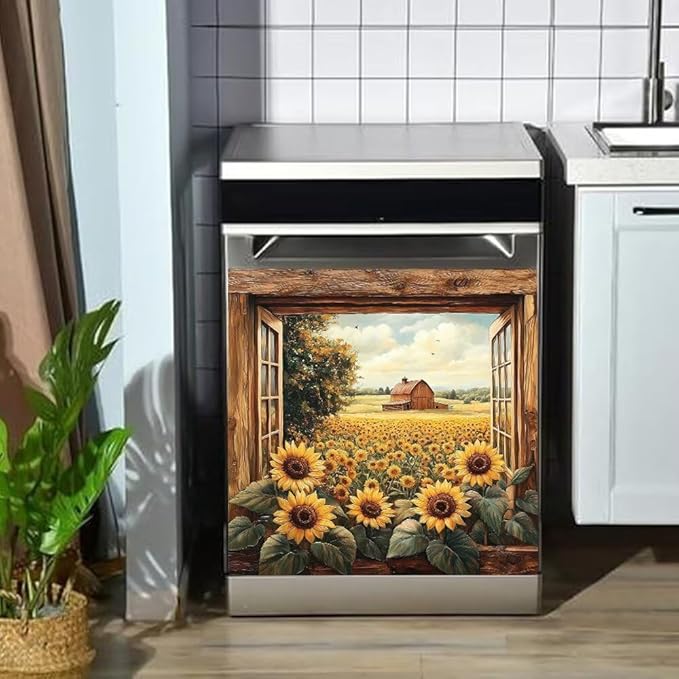 Rustic Barn Window View Dishwasher Magnet Cover,Sunflower Field Refrigerator Magnetic Vinyl Sticker for Dishwasher Door, Vintage Wood Kitchen Appliance Panel Decal, 23Wx26H Inches