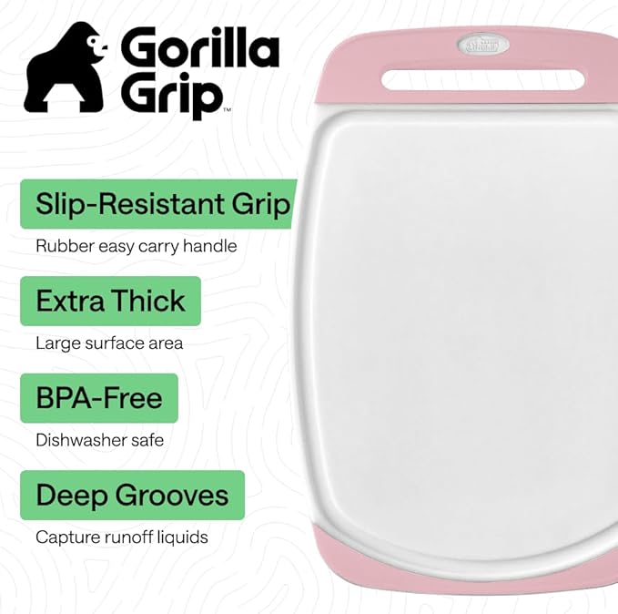 GORILLA GRIP BPA-Free Reversible Kitchen Cutting Board Set of 3, US Designed, Nonporous, Juice Grooves Catch Liquid, Slip Resistant Border, Dishwasher Safe, Durable Large Food Chopping Boards, Pink