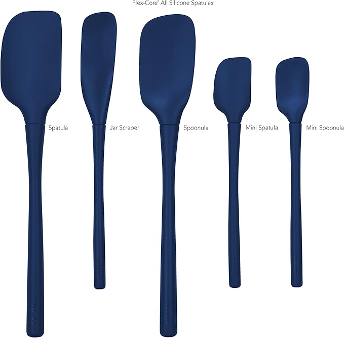 Tovolo Flex Core 5 Piece Silicone Spatula Set Heat Resistant All Silicone Utensils Include Non Stick Spatula Spoonula Jar Scraper, Dishwasher Safe BPA Free Spatulas for Baking Mixing, Deep Indigo