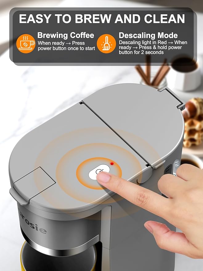 Small Single Serve Coffee Maker, Fast Brew for K-Cup & Ground Coffee, 6-12 Oz Brew Sizes, One-Button Single Cup Coffee Maker, Coffee Machine with Descaling Reminder,Grey