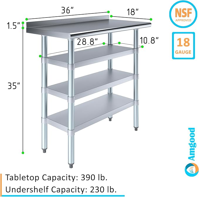 AmGood Stainless Steel Work Table with 1.5" Backsplash and 3 Shelves | Metal Kitchen Food Prep Table | NSF (36" Long x 18" Deep)
