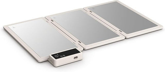 bella Fold & Store Warming Tray, Fits-anywhere Kitchenware, Touchscreen Controls w Adjustable Temperature & Timer, 24.8” to 8.3” wide, Auto Shutoff & Stainless Steel Warming Pads, 300 Watt, Oatmilk