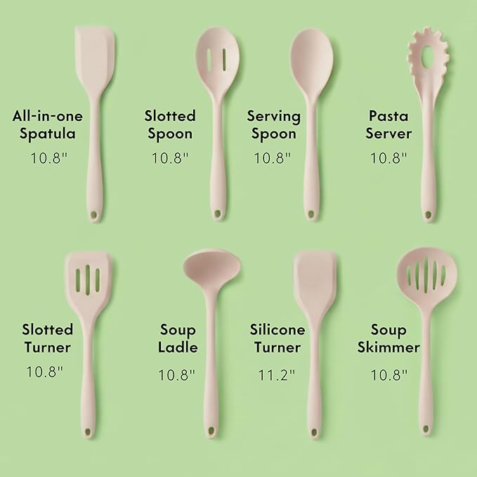 Non-Toxic Platinum Silicone Kitchen Utensil Set of 8 – Non-Scratch Cooking Spoons & Spatulas, 100% Plastic Free, Stainless Steel Core, Heat Resistant 500°F, Beige
