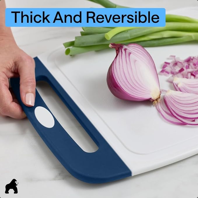 GORILLA GRIP BPA-Free Reversible Kitchen Cutting Board Set of 3, US Designed, Nonporous, Juice Grooves Catch Liquid, Slip Resistant Border, Dishwasher Safe Large Food Chopping Boards, Red Blue Green