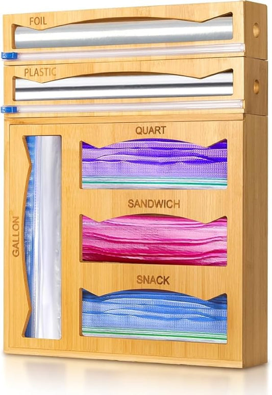 6-in-1 Magnetic Bamboo Drawer Organizer for Kitchen or Fridge, Adjustable Compartment Storage with Foil and Plastic Wrap Dispenser and Cutter – Fits Gallon, Quart, Sandwich, Snack Bags