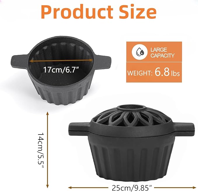 Cast Iron Wood Stove Steamer, Rust Resistant Fireplace Pot with Hollow Carved Lid, 1.32 Quart Capacity Wood Stove Humidifier, Matte Black Finish, Home Indoor Decorative