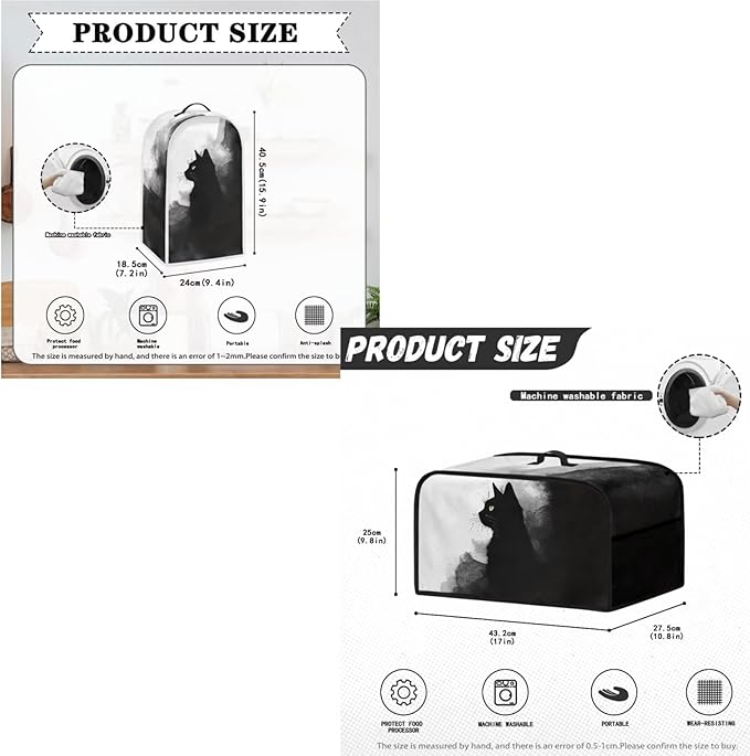 Ink Painting Black Cat Pattern Toaster Covers 2 Slice Wide Slot,3Pcs Set Christmas Bread Machine Cover Slow Cookers Cover Blender Covers with Top Handle and Accessories Pocket Counter Decor