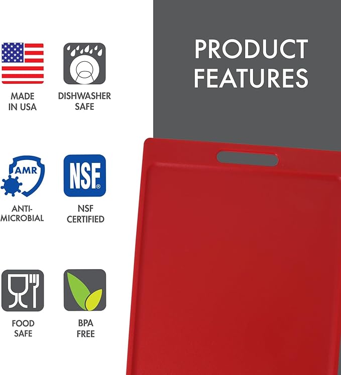 Dexas NSF Certified Polysafe Cutting Board with Handle, 11 x 14.5 Inches, Reversible Kitchen Cutting Board, Red