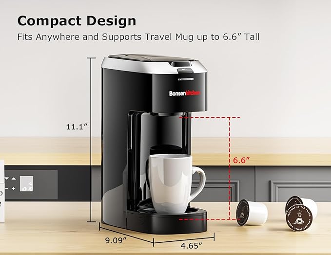 Bonsenkitchen Single Serve Coffee Maker K Cup Pod with 6-14oz Brew Size- 3 Min Fast Brewing Machine with Strength Control, BPA-free Materials, Fits 6.6" Travel Mugs, Silver, Upgrade