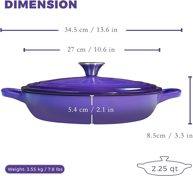 Braiser Enameled Cast Iron Braiser 2.25 qt Braiser Pan with Lid Purple Shallow Cast Iron Casserole Braiser Pan with Handels