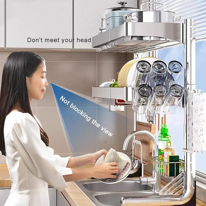 Adjustable Dish Drying Rack Over Sink (21-33") 3 Tier, Large Capacity Kitchen Counter Dish Drying Rack Stainless Steel Drainer for Kitchen Storage Organization