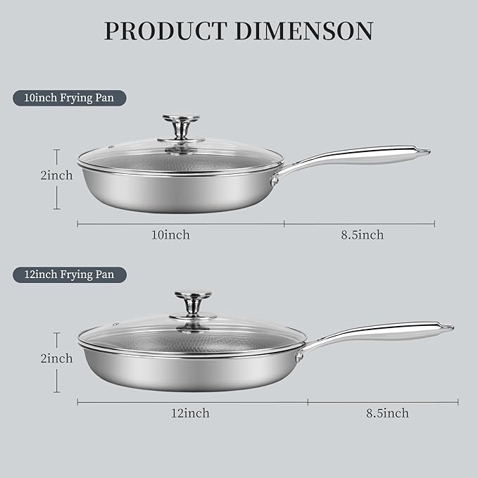 Innerwell Stainless Steel Frying Pan Set with Lid 10" and 12" Nonstick Honeycomb Coatings Skillet Set 2pcs W/Stay Cool Handle,Works Pan for Cooking with Induction Gas Stovetops