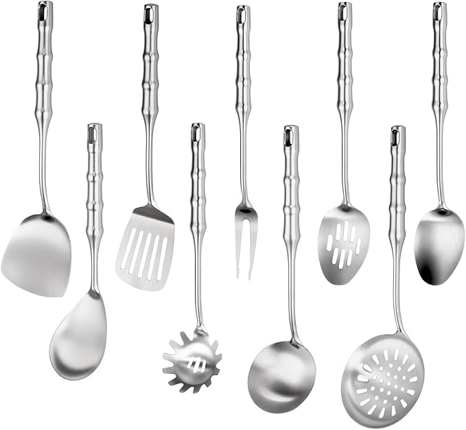18/10 Stainless Steel Cooking Utensils Set,9pcs Metal Kitchen Utensil Sets 14 inch Long Heavy Duty Kitchen Tools Dishwasher Safe, Include Soup Ladle, Slotted Skimmer Spoon, Spaghetti