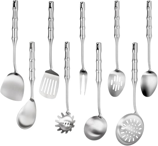 18/10 Stainless Steel Cooking Utensils Set,9pcs Metal Kitchen Utensil Sets 14 inch Long Heavy Duty Kitchen Tools Dishwasher Safe, Include Soup Ladle, Slotted Skimmer Spoon, Spaghetti