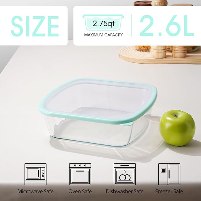 NUTRIUPS 9 x 9 Glass Baking Dish with Lid, 9 x 9 Baking Pan, 2.75QT LARGE and DEEP Baking Dish for Oven (Green, 2.6L)