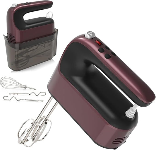 9-Speed Digital Hand Mixer Electric, 400W Powerful DC Motor, Hand Mixer Electric Handheld with Snap-On Storage Case, 5 Stainless Steel Accessories, Beaters, Dough Hooks, Whisk(Grape Purple)