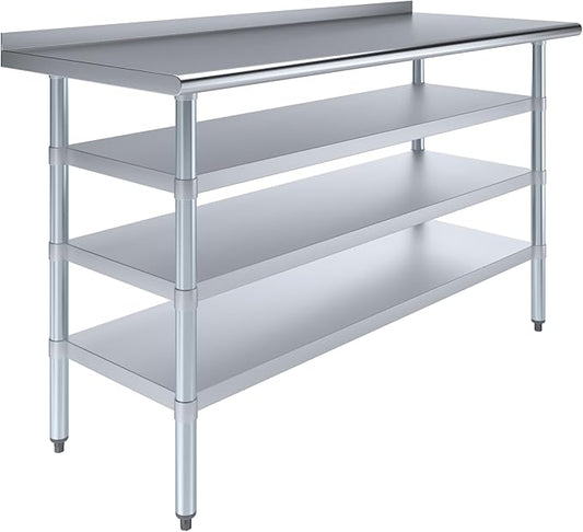 AmGood Stainless Steel Work Table with 1.5" Backsplash and 3 Shelves | Metal Kitchen Food Prep Table | NSF (60" Long x 24" Deep)