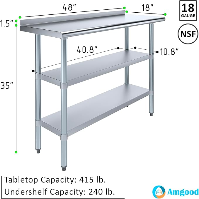 AmGood Stainless Steel Work Table with 1.5" Backsplash and 2 Shelves | NSF (48" Long x 18" Deep)