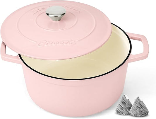 Enameled Cast Iron Dutch Oven – 4.4 Quart Pot with Lid & Potholders – Heavy-Duty Cookware for Bread Baking, Braising, Stews & Roasting – Oven & Stovetop Safe up to 500°F – Pink