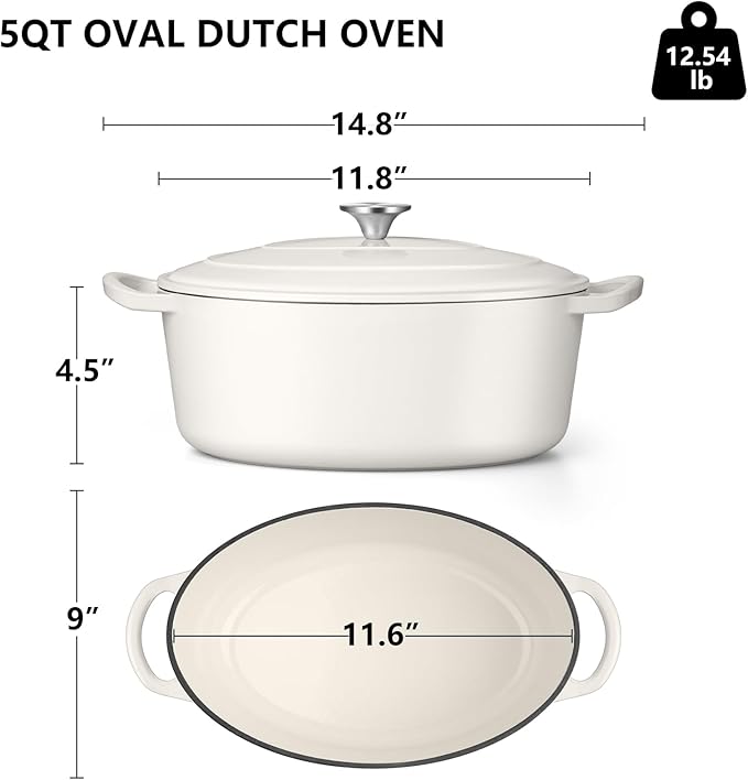 TeamFar Oval Dutch Oven, 5qt Enameled Cast Iron Dutch Oven Pot with Lid, For Bread Baking/Stewing/Braising/Frying, Suitable for Various Stoves, Non-stick & Easy Clean, White