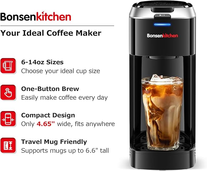 Bonsenkitchen Single Serve Coffee Maker K Cup Pod with 6-14oz Brew Size- 3 Min Fast Brewing Machine with Strength Control, BPA-free Materials, Fits 6.6" Travel Mugs, Silver, Upgrade