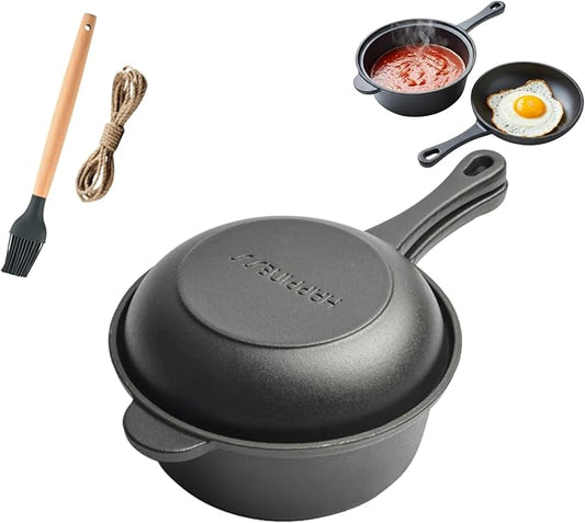 Cast Iron Saucepan - 7-Inch Small Cast Iron Pot with Lid & Silicone Basting Brush - 1.06 Quart Uncoated Saucepan for Frying, Stewing, and All Stovetops, Suitable for 1-2 people