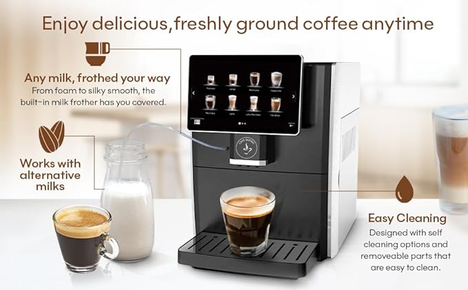 Cafe Bueno Super Automatic Espresso Machine For Home - Coffee Machine With Grinder & Milk Frother For Latte, Cappuccino, Macchiato - Auto Wake & Sleep – All Milk Types