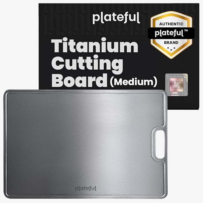 Plateful Titanium Cutting Board - Real, Titanium Cutting Boards for Kitchen With Juice Groove, Food Grade Chopping Boards, No Microplastics, Lasts a Lifetime (Medium)