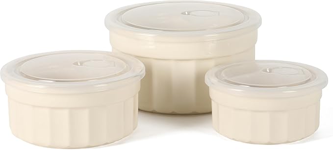 Martha Stewart Broadbrook 6 Piece Stoneware Meal Prep Container Set with Lids, Round Food Storage & Bakeware, Cream, Oven, Microwave & Dishwasher Safe
