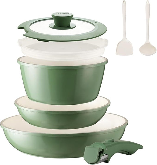 8PCS Ceramic Cookware,Nonstick Ceramic Pan, Removable Handle Pots and Pans Set, Stackable Set, Nonstick Pan Pots and Pans Set Non Stick pot (Green)