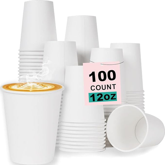 12 oz 100 Pack Disposable Coffee Cups, Bulk White Disposable Paper Cups, Coffee Cups for Hot Tea, Chocolate and Cold Drinks