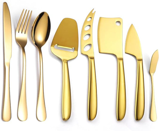 Gold Cheese Knives Silverware 8 Pieces include Dinning Knife Fork Spoon Stainless Steel Kitchen Cooking Gadget Tool Baking Utensils Multifunctional for Everyday Use and Parties
