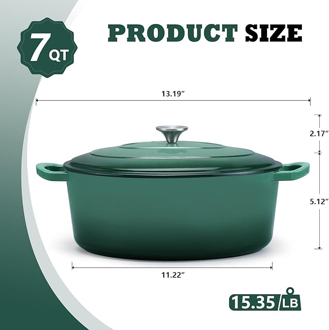 P&P CHEF Oval Dutch Oven with Lid, Enameled Cast Dutch Oven Pot for Bread Baking, Braising, Stewing, Roasting, Non-Stick & Oven Safe, Dual Handles & Easy Clean, 7QT & Dark Green, Valentine's Day