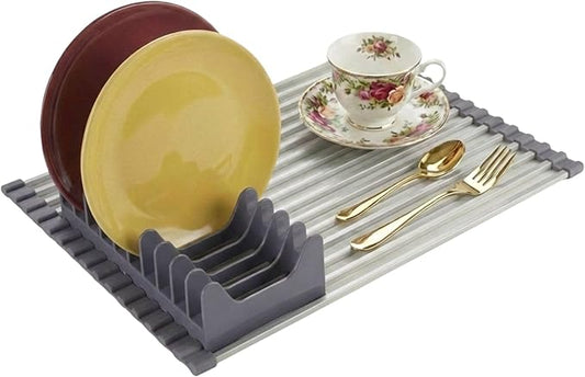 Aluminum Roll Up Dish Drying Rack Over Sink - Supports up to 55 lbs | Heavy Duty Square Bar | Rust-Free Anodized & Heat Resistant Cooling Rack with Removable Dish Holder (Purple Gray, Medium)