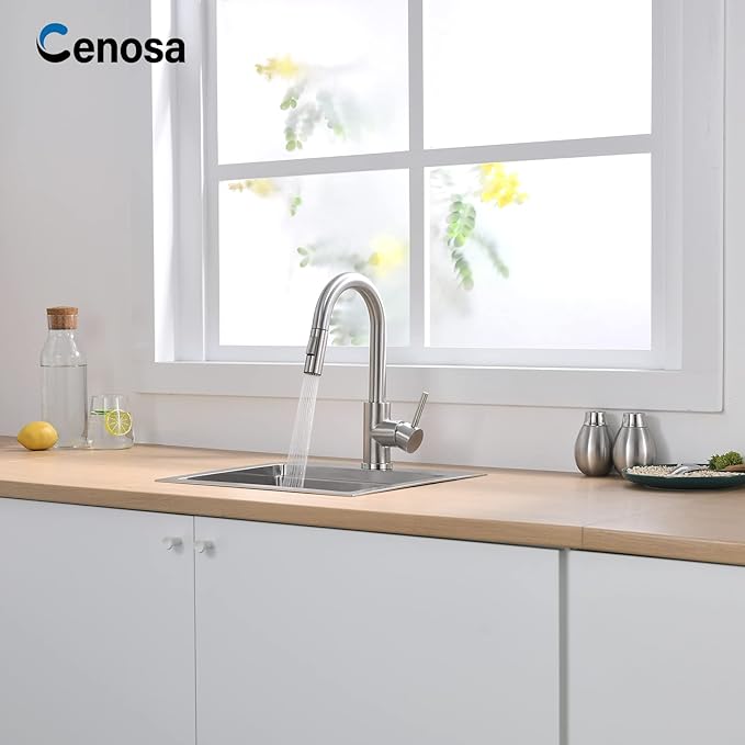 Modern Bar Sink Faucet for Kitchen Sink Single Handle with Pull Out Sprayer Hot and Cold Brushed Nickel CENOSA