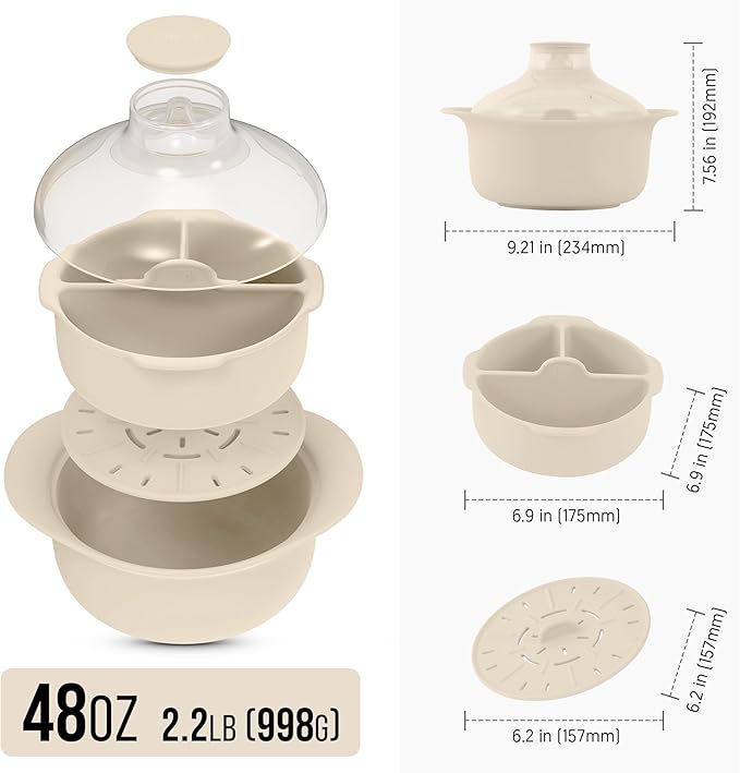 48oz Platinum Silicone 3 Compartmented Microwave Steamer Pot with Handle & Lid - Korean 100% Food-Grade Steamer Bowl, Heat-Resistant Cooker with Steam Holes, Easy Clean, Dishwasher Safe, Ivory