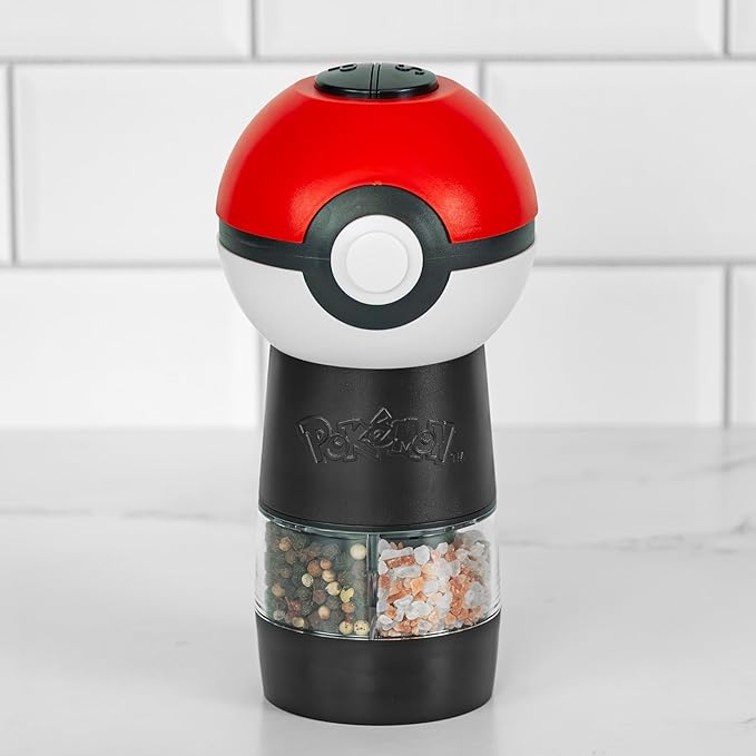 Uncanny Brands Pokémon Poké Ball Salt and Pepper Grinder – Dual Chamber Electric Mill with Adjustable Coarseness and LED Light – Battery Powered