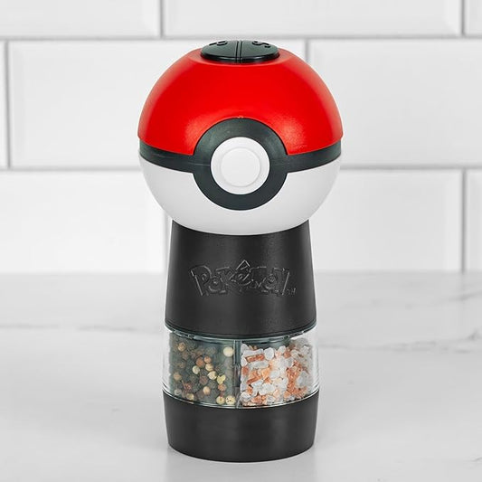 Uncanny Brands Pokémon Poké Ball Salt and Pepper Grinder – Dual Chamber Electric Mill with Adjustable Coarseness and LED Light – Battery Powered
