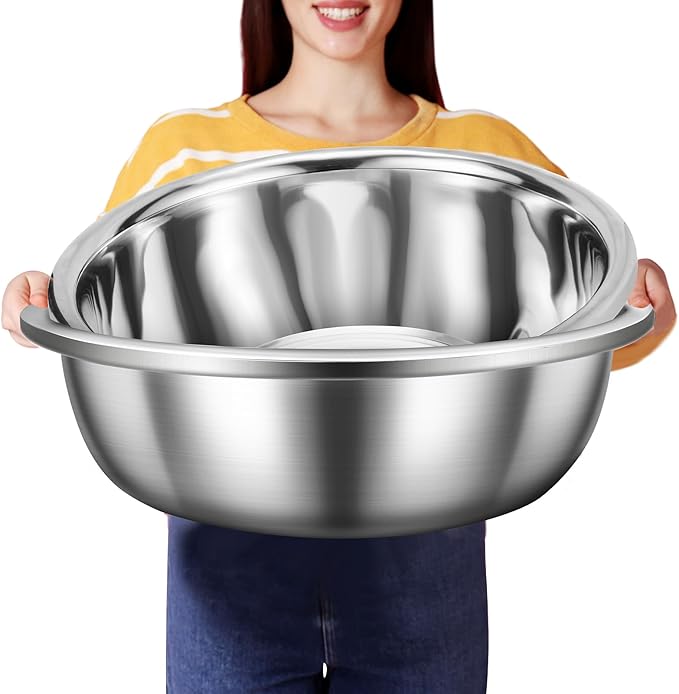 2 Pack Large Mixing Bowl 16 Qt Oversized All Purpose 304 Stainless Steel Polished Mirror Flat Base Metal Bowl for Home or Commercial Prepping Baking Mixing Marinating