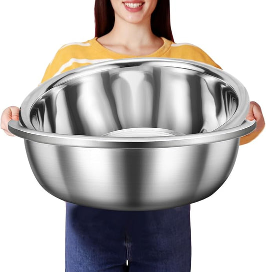 2 Pack Large Mixing Bowl 16 Qt Oversized All Purpose 304 Stainless Steel Polished Mirror Flat Base Metal Bowl for Home or Commercial Prepping Baking Mixing Marinating