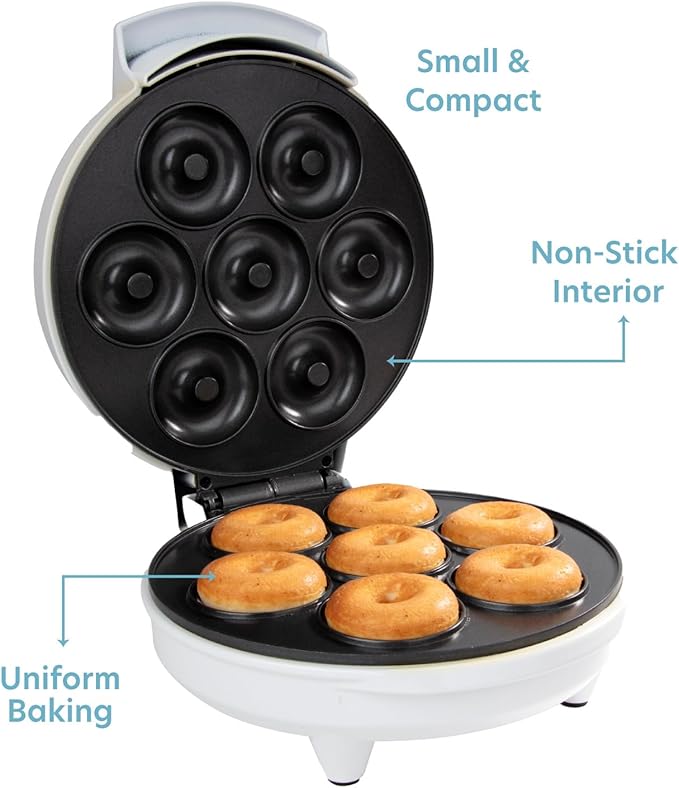 Mini Donut Maker- Electric NonStick Surface Makes 7 Small Doughnuts- Decorate Frost Ice Your Own for Kid Friendly Baked Dessert Treat- Cooking Activity for Adults, Easy Bake Gift, Galentine Brunch Fun