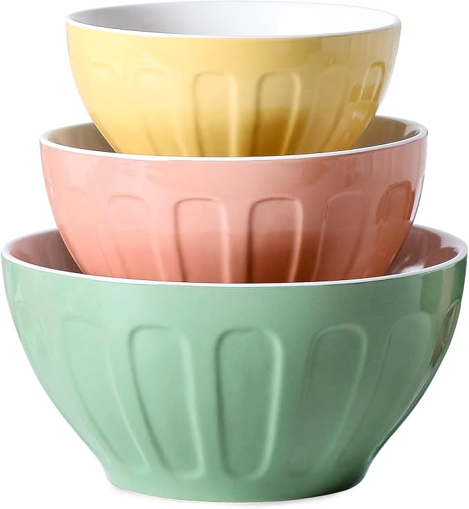 Lareina Ceramic Mixing Bowls for Kitchen, Large Nesting Mixing Bowl Set for Serving, Baking, Food Prepping, Cooking, Salad, Sourdough, Gift, Microwave Safe, Big 3.2/1.7/1.2 Qt, Set of 3, Pastel Color