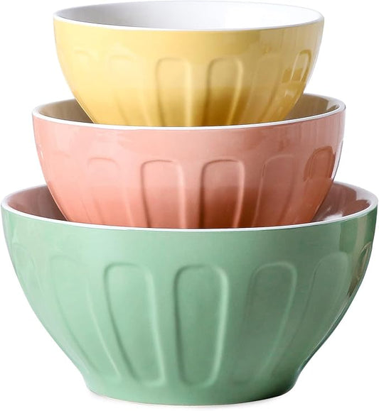Lareina Ceramic Mixing Bowls for Kitchen, Large Nesting Mixing Bowl Set for Serving, Baking, Food Prepping, Cooking, Salad, Sourdough, Gift, Microwave Safe, Big 3.2/1.7/1.2 Qt, Set of 3, Pastel Color