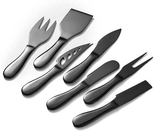 Black Butter Knives Set 7 Pieces Stainless Steel Kitchenware Utensils Gadgets include cheese Knife, Cheese Spreader, Cheese Forks, Cheese Slicer, Cheese Cutter, Butter Knife