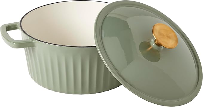 Smith & Clark 3-Quart Enameled Cast Iron Fluted Dutch Oven Pot with Lid, Sage Green