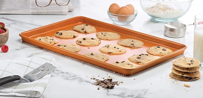 Set of 2 Nonstick Copper Cookie Sheet and Copper Coating Baking Pan for Cookies 11" x 16"