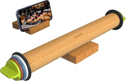 Rolling Pin with Adjustable Thickness Ring, Dough Thickness for Baking, Fondant, Pizza, Crust, Cookies, Pastry, 13.6" Wooden Rolling Pin with 4 Multi-Color Thickness Rings and Wooden Stand