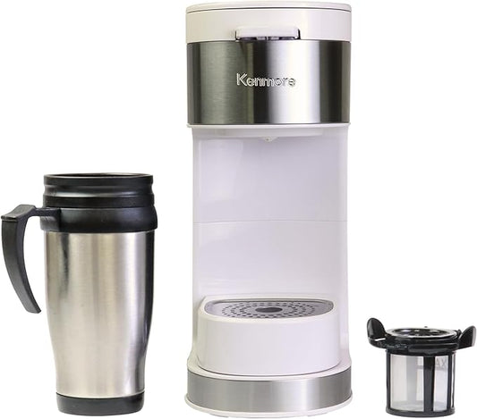 Kenmore Single Serve Coffee Maker – Compatible with Keurig K‑Cup Pods & Ground Coffee, One Cup Brewer, 6–14 Oz Brew Sizes, Travel Mug Friendly, Auto Shut‑Off, Hot & Iced Maquina de cafe, White