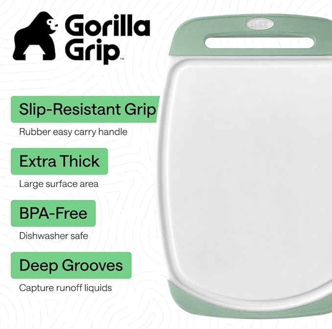 GORILLA GRIP BPA-Free Reversible Kitchen Cutting Board Set of 3, US Designed, Nonporous, Juice Grooves Catch Liquid, Slip Resistant Border, Dishwasher Safe, Durable Large Food Chopping Boards, Mint